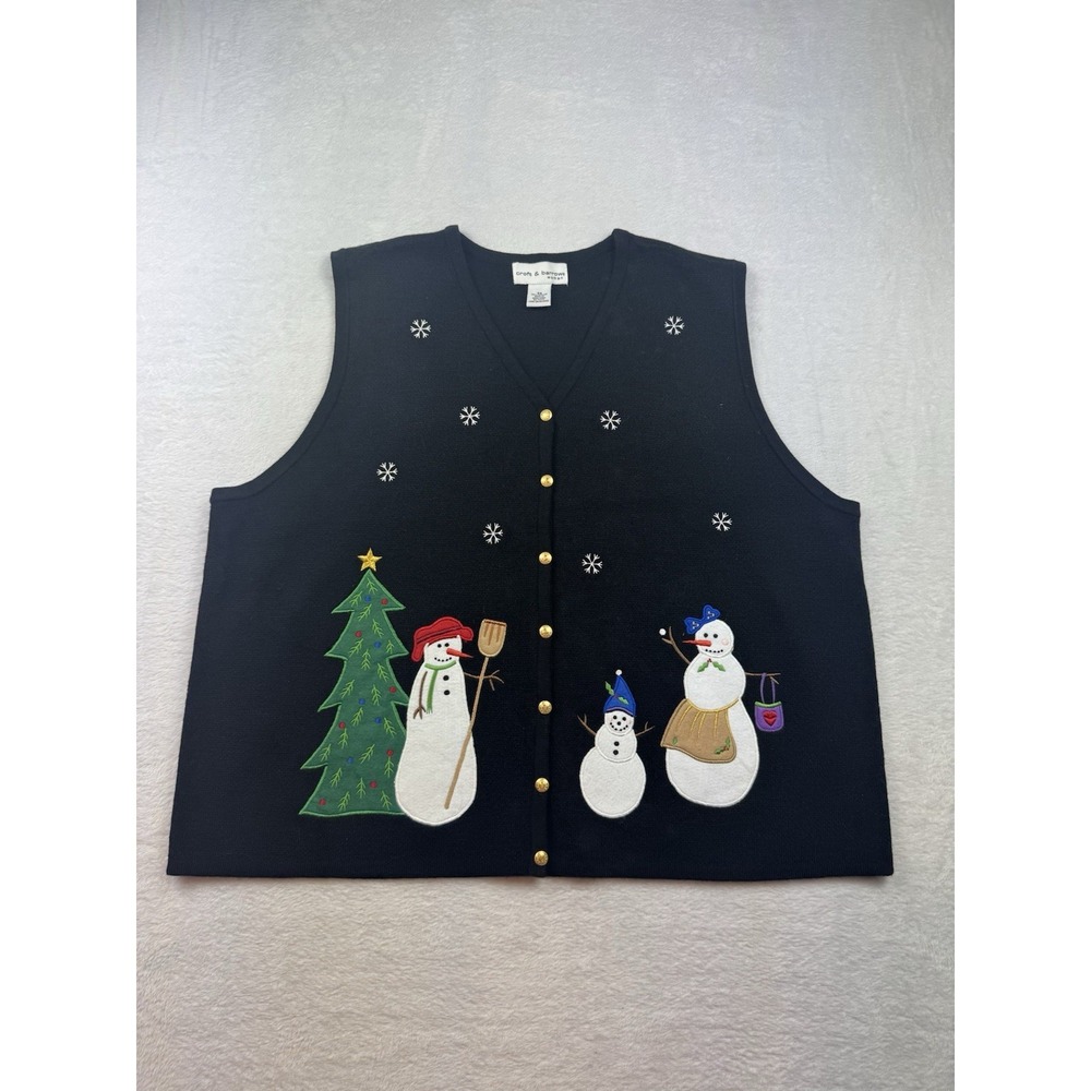 Croft and Barrows Vest Woman's 3XL Black Christmas Knit‎ Button Up Snowman Tree